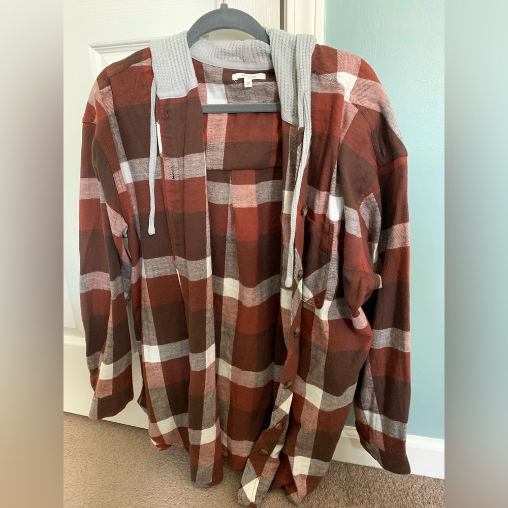 Maurices Burnt Orange and Brown Plaid Shirt with Gray Hood